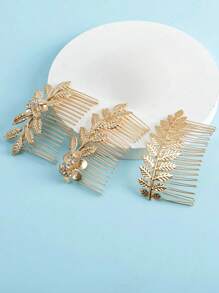 3 piezas Peine nupcial para cabello con diseño metálico en forma de hoja para peinado recogido real - Dorado - Ver 3