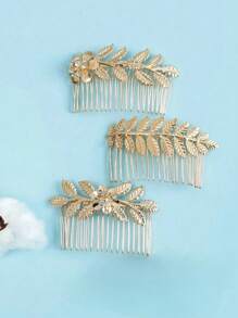 3 piezas Peine nupcial para cabello con diseño metálico en forma de hoja para peinado recogido real - Dorado - Ver 2