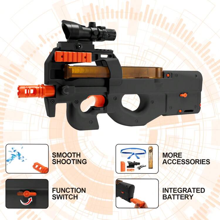 Arma de Bolinhas de Gel Elétrica P90 Atualizada, Modos de Disparo Duplo Automático e Manual, Brinquedo de Projétil de Água, Brinquedo de Borrifador de Bolas de Água de Alta Velocidade, Adequado para Jogos ao Ar Livre/Praia/Festa/Pátio/Jogos com Água/Grama/Presentes de Aniversário/Presentes de Feriado, Brinquedos de Piscina Adequados para Jogos de Piscina, Festa de Piscina, Jogos de Festa para Adultos Adequados para Halloween/Natal/Ação de Graças - Preto - Visão 8