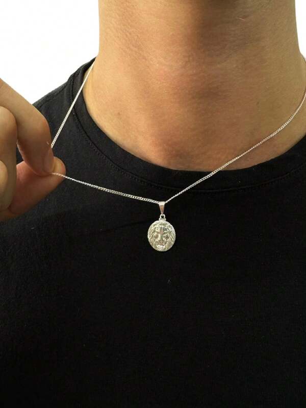 Cordão Curtinho Prata 925 + Pingente Leão Redondo Masculino Folheado