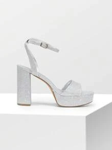 Women Chunky High Heel Sandals Fashion Open Toe Platform Heeled Sandals For Prom Dancing Wedding Holiday - 銀色亮片 - 查看 5