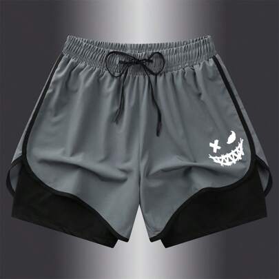 Boyfriend Style Men's Ice Silk New Style Shorts, Double Layer, Quick-Drying And Anti-Light Running, Yoga, Fitness, 2 In 1 Grey Shorts Summer