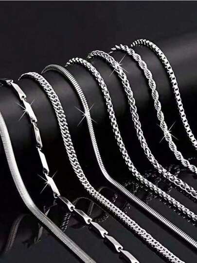 8款時尚不銹鋼男士鈦鋼盒鏈項鏈扁平蛇鏈龍骨鏈水波鏈不銹鋼鎖骨項鍊首飾套裝,適用於男士日常使用