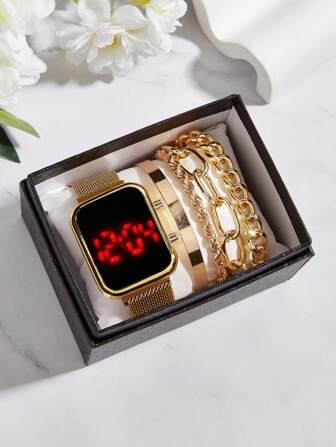 Conjunto combinado de reloj electrónico versátil de moda de 5 en 1 para adolescentes, brazalete magnético LED dorado