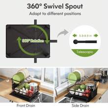 Escurreplatos de 2 niveles Escurreplatos de acero inoxidable para encimera de cocina con soporte para utensilios, estante para platos grande con soporte para bebidas, soporte para tabla de cortar y tapete de secado (negro)