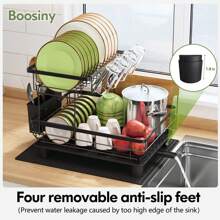 Escurreplatos de 2 niveles Escurreplatos de acero inoxidable para encimera de cocina con soporte para utensilios, estante para platos grande con soporte para bebidas, soporte para tabla de cortar y tapete de secado (negro)