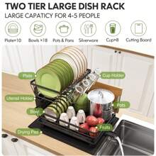 Escurreplatos de 2 niveles Escurreplatos de acero inoxidable para encimera de cocina con soporte para utensilios, estante para platos grande con soporte para bebidas, soporte para tabla de cortar y tapete de secado (negro)