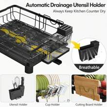 Escurreplatos de 2 niveles Escurreplatos de acero inoxidable para encimera de cocina con soporte para utensilios, estante para platos grande con soporte para bebidas, soporte para tabla de cortar y tapete de secado (negro)