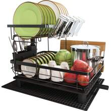 Escurreplatos de 2 niveles Escurreplatos de acero inoxidable para encimera de cocina con soporte para utensilios, estante para platos grande con soporte para bebidas, soporte para tabla de cortar y tapete de secado (negro)