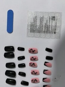 Upgrade Your Look Now! 24pcs Black Color-Block And Snake Print Nail Art, Including Decorative Nails & 1pc Double-Sided Tape & 1pc Nail File Press On Nails Nail Supplies - Burgundy - View 5