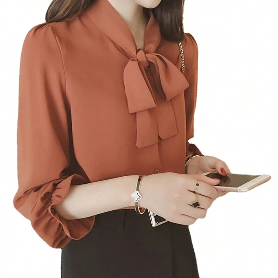 Blusa De Elegante Para Dama Diseño De Moño En Cuello - Marrón - Ver 1