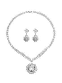 3pcs/Set Luxury Zirconia Necklace & Earrings Jewelry Set, Bridal Wedding Party Formal Floral Decor Accessories For Women