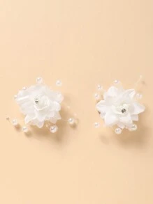 2入組女孩珍珠和花裝飾髮夾,適用於婚禮季節 - 白色 - 查看 3