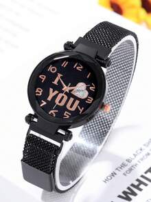 2pcs/Set Fashionable Stainless Steel Strap Ladies' Quartz Wristwatch With Starry Sky & Heart Design Matching With Love Bracelet - Black - View 2