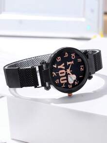 2pcs/Set Fashionable Stainless Steel Strap Ladies' Quartz Wristwatch With Starry Sky & Heart Design Matching With Love Bracelet - Black - View 3