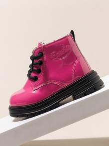 1 Pair Girls' Patent Leather Pu Leather Mid-Calf British Style Boots, Suitable For Spring And Autumn - Hot Pink - View 7