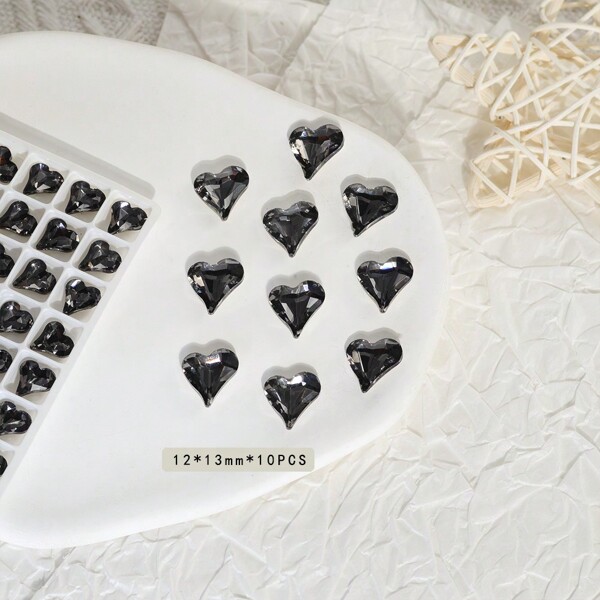 30pcs/Pack K9 Black Asymmetric Heart Shaped Rhinestone For Nail Art, Different Sizes Include Large, Medium And Small Heart Shaped Rhinestone DIY Nail Charms Nail Gems Nail Supplies