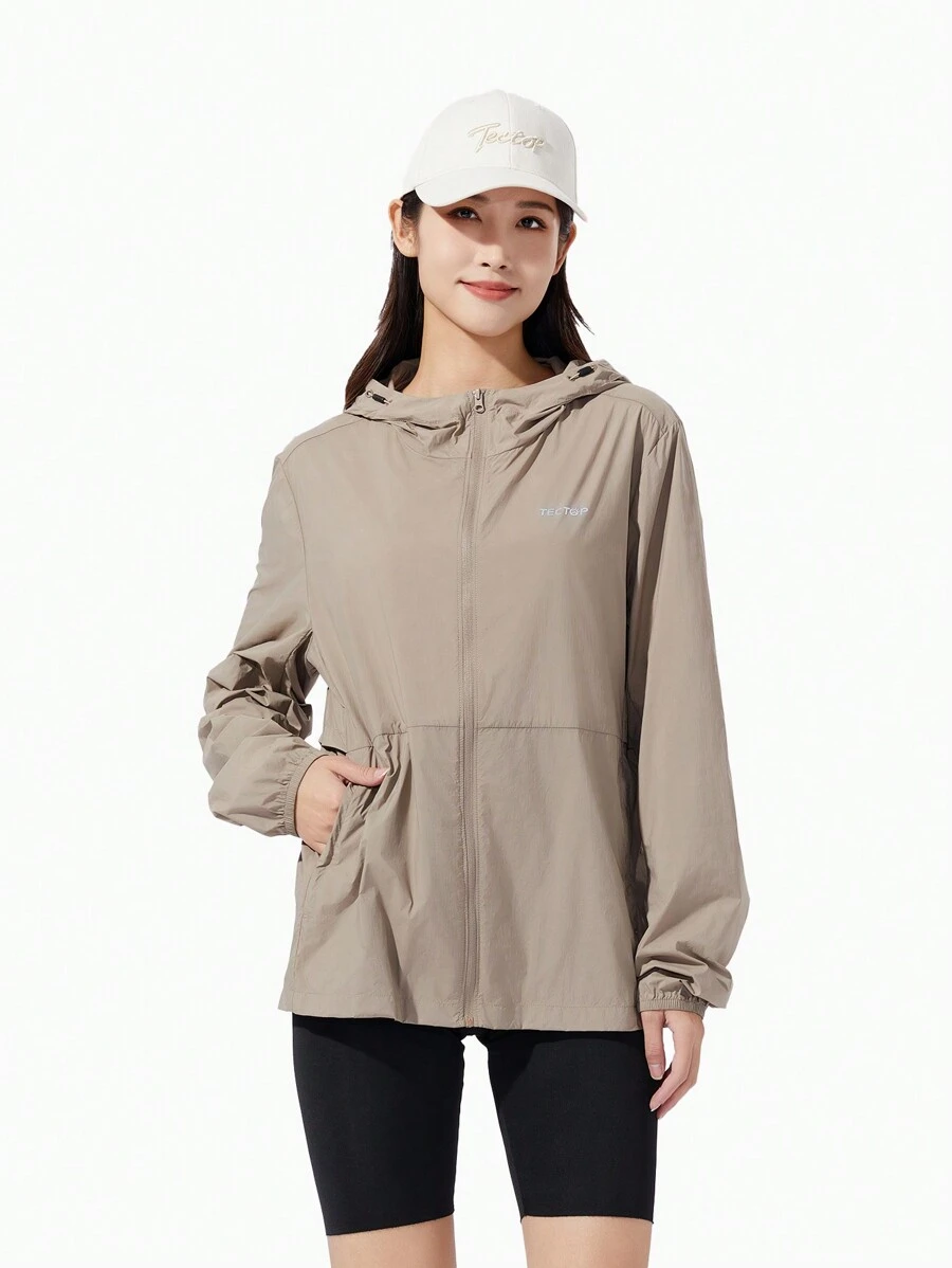 TECTOP Women's Quick-Drying Lightweight Stretch Cool Fabric Breathable Hooded Full Zip Running Track Sport Jacket Sun Protection Long Sleeve Shirts Rash Guard For Spring Summer Autumn Fishing Outdoor Hiking Spring Tops - Khaki - View 1