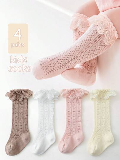 4對/包寶貝女孩網紗花邊襪子,透氣舒適,適用於日常或婚禮穿著
