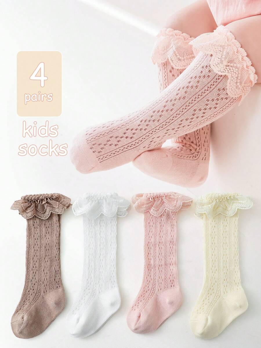 4對/包寶貝女孩網紗花邊襪子,透氣舒適,適用於日常或婚禮穿著 - 彩色 - 查看 1