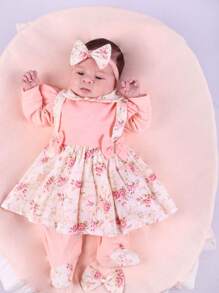 Saida De Maternidade Menina Rosa 04 peças  Charme Vermelha Floral Suspensório Roupas de Bebê - Coral - Visão 2
