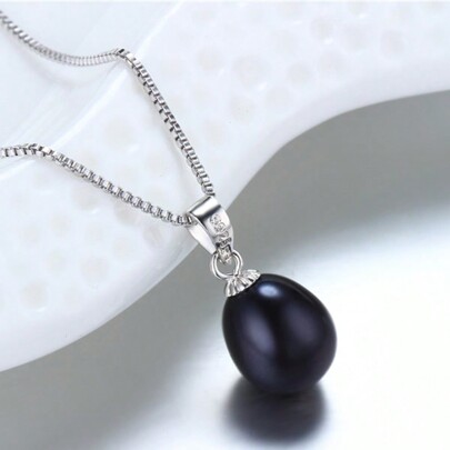 1pc 8-9mm Black Freshwater Pearl Pendant With 925 Sterling Silver Chain For Women 45cm, Perfect Gift For Friends On Festival Wedding Jewelry Bridal Jewelry