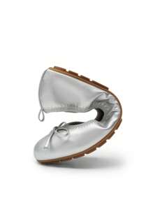 Women Silver Bow Knot Flats Slip On Ballet Flats Round Toe Foldable Comfortable Soft Lightweight Travel Vacation Dress Flats Shoes - 銀色 - 查看 7