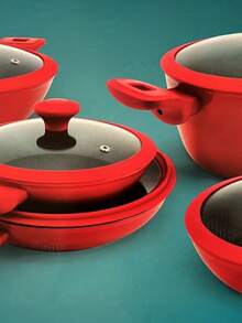 Juego Batería De Cocina 10 Piezas Cerámica Antiadherente Con Tapas Cristal y Borde De Silicón - Rojo - Ver 3
