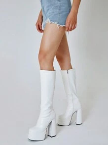 Women's Platform Knee High Boots Fashion Square Toe Block Chunky High Heels Side Zipper Ladies Black White Stretch Shoes - trắng dài - Xem 5