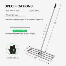 VIVOSUN Lawn Leveling Rake, 48"/30" X 10" X 78" Heavy-Duty Stainless Steel Lawn Leveler With 7FT Adjuatble Long Handle For High Effect, Metal Levelawn For Smooth Soil, Rustproof Rakes For Garden Yard - Silver  30" x10" Leveling Rake - View 2