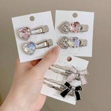 1pair Metallic Rhinestone Decor Sweet Bow Hair Clip, Suitable For Side Bangs Cute - Silver - View 2
