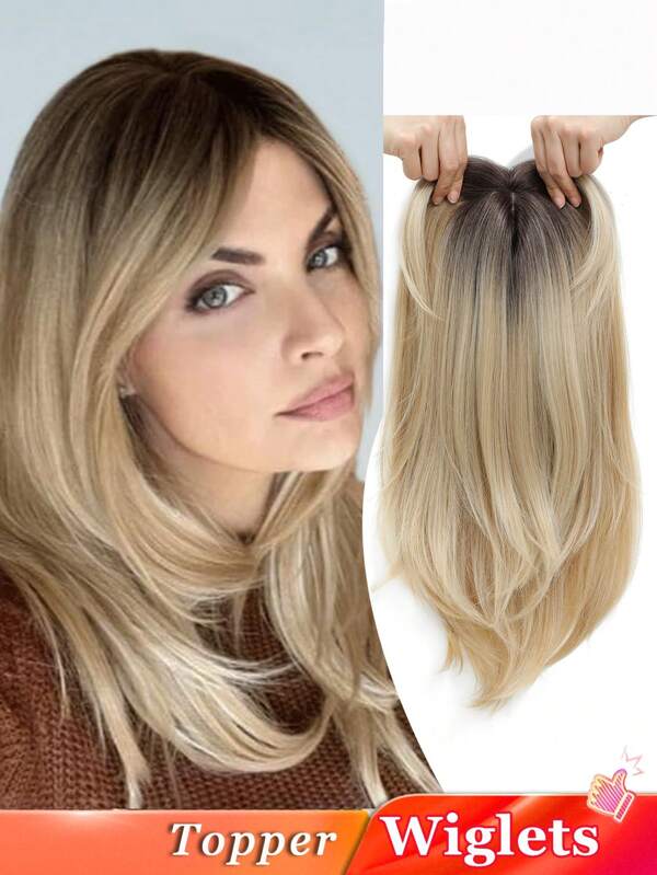 Long Wavy 18inch Hair Topper Big Base Cover Thinning Hair Clip In Hair Toppers For Women Fiber Wiglets With Fringe 3 Tone Blonde Color