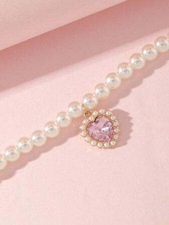 1pc Girls' Heart & Pearl Pendant Necklace