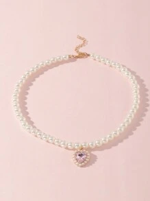 1pc Girls' Heart & Pearl Pendant Necklace