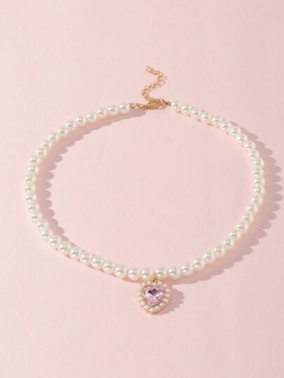 1pc Girls' Heart & Pearl Pendant Necklace