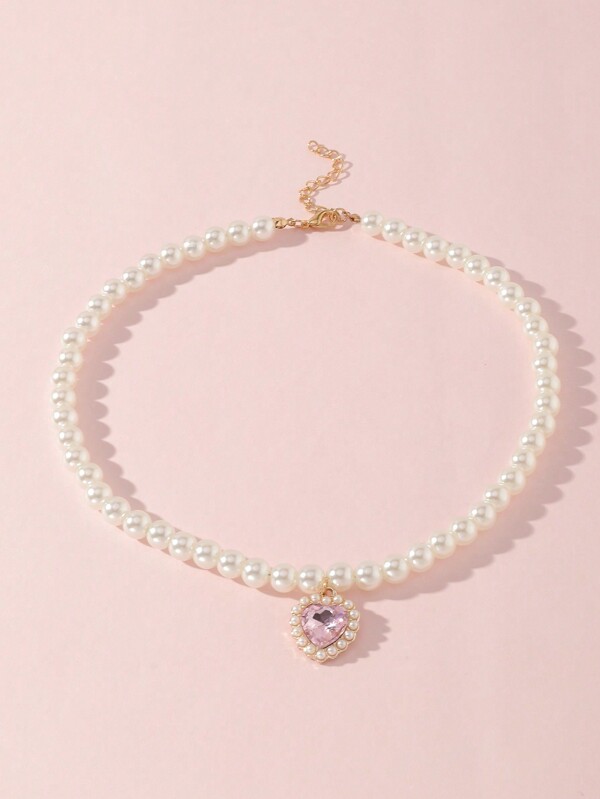 1pc Girls' Heart & Pearl Pendant Necklace