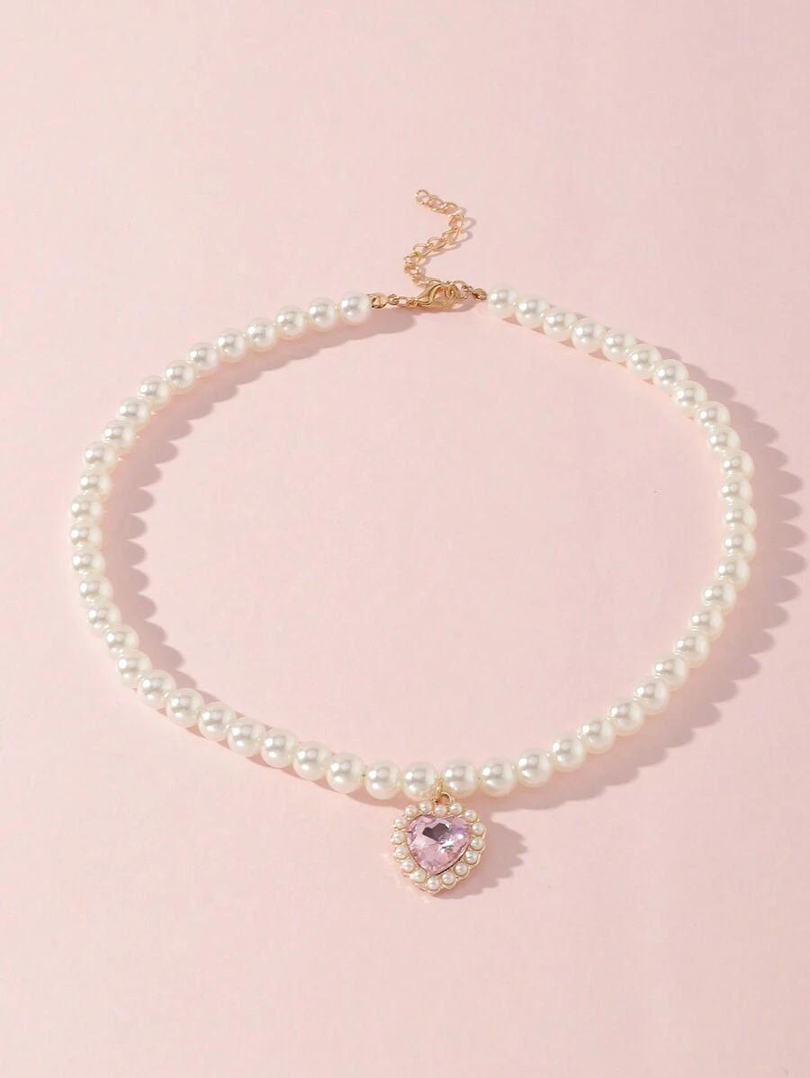 1pc Girls' Heart & Pearl Pendant Necklace