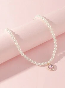 1pc Girls' Heart & Pearl Pendant Necklace