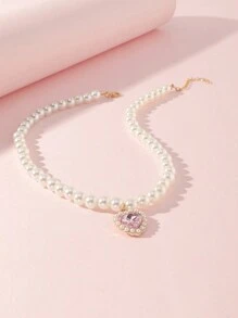 1pc Girls' Heart & Pearl Pendant Necklace