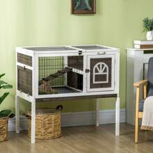 PawHut Wood Rabbit Hutch, Elevated Guinea Pig Cage With Run, Coffee - 咖啡棕 - 查看 1