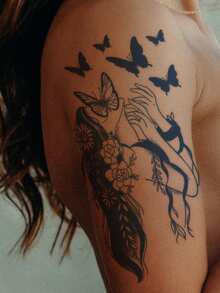 CAT QUEEN ART 紋身貼紙（1 件）帶有藍色蝴蝶、花朵和人物圖案,可持續 7-14 天,不褪色,不反光,適合手臂、手腕、胸部、腹部、背部和身體 - 黑色 - 查看 5