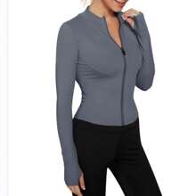 Women'S Workout Clothing Zip Up Fitness Yoga Shirts Gym Activewear Running Coats Long Sleeve Sports Jacket - 灰色 - 查看 2