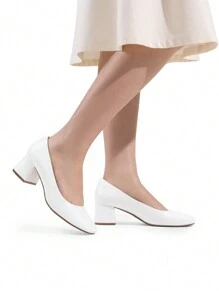 Women's Square Toe Low Chunky Heels Elegant Court Pumps Comfortable Slip On Dress Shoes Wedding Party Office Work Shoes - White - View 3