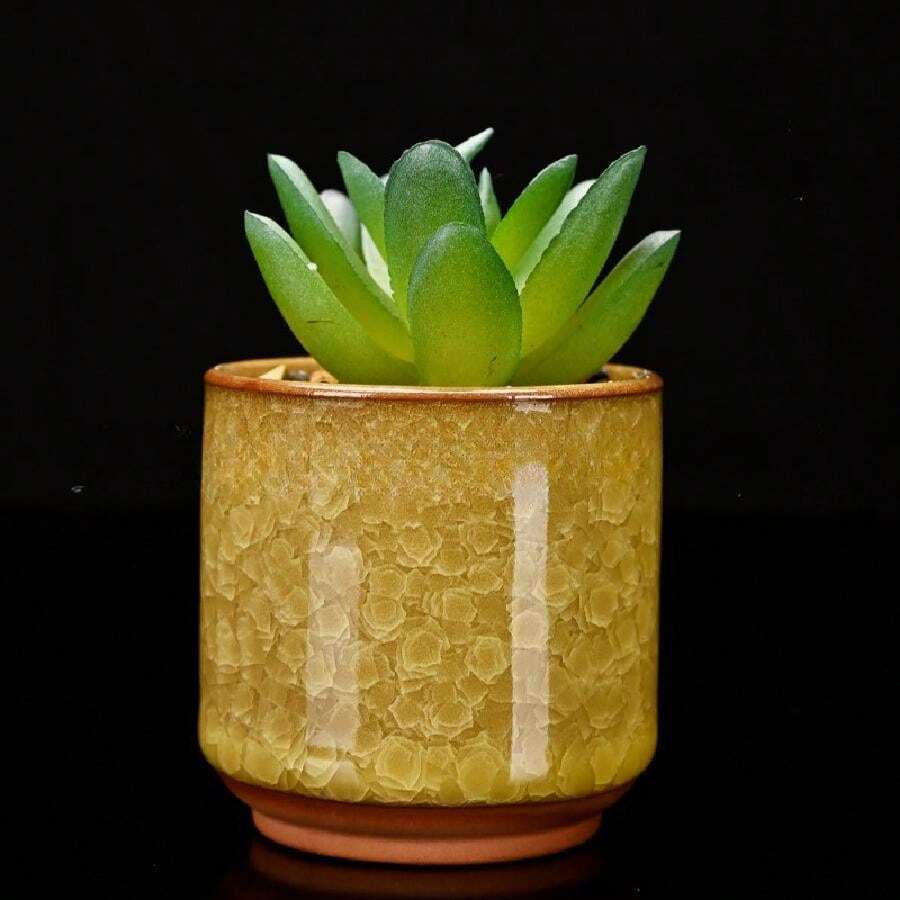 Simple Nordic Style Ceramic Flower Pot With Ice Crack And White Flora Pattern For Office Desk, Home Decor - Yellow - View 1