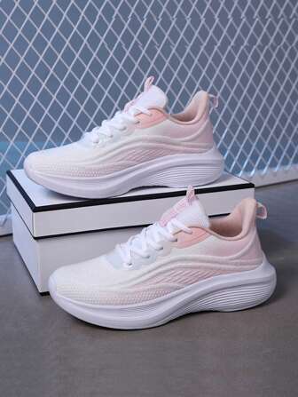 Teenage Girls' Sports Shoes, Breathable White & Pink Lightweight Running Shoes With Shock Absorption & Soft Sole For School And Summer