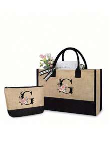 1Pc/2Pcs,Flower Letter Pattern,Initial Jute/Canvas Tote Bag Comes With A Makeup Bag, Personalized Present Bag, Suitable For Wedding, Birthday, Beach, Holiday,School Bag , Is A Great Gift For Women, Mom, Teachers, Friends, Bridesmaids,Student ,Large Bag , Back To School ,Simple Large-Capacity Handbag, Portable Casual Storage Tote Bag, Best Teacher Gift - Khaki - View 23