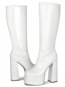 Women's Platform Knee High Boots Fashion Square Toe Block Chunky High Heels Side Zipper Ladies Black White Stretch Shoes - Bằng sáng chế trắng - Xem 5