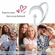 feilok 1個時尚獨特的s925純銀星月戒指,可調節開口處尺寸,鑲嵌鑽石,適合女性和女孩日常佩戴或作為生日、婚禮、聖誕節、情人節、母親節禮物 - 銀色 - 查看 6