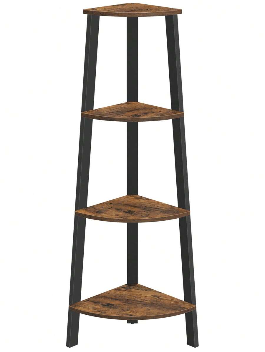 VASAGLE Estantería de Esquina con 4 Estantes Fácil de Montar Marco de Acero para Salón Dormitorio Balcón Diseño Industrial Vintage Marrón Rústico y Negro - Marrón - Ver 1