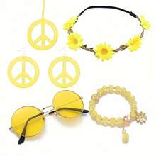 6入組裝扮和派對服飾配件套裝,包括女孩圖案裙子、太陽眼鏡、花頭帶、和平符號項鍊、耳環和水晶手鐲 - 彩色 - 查看 9